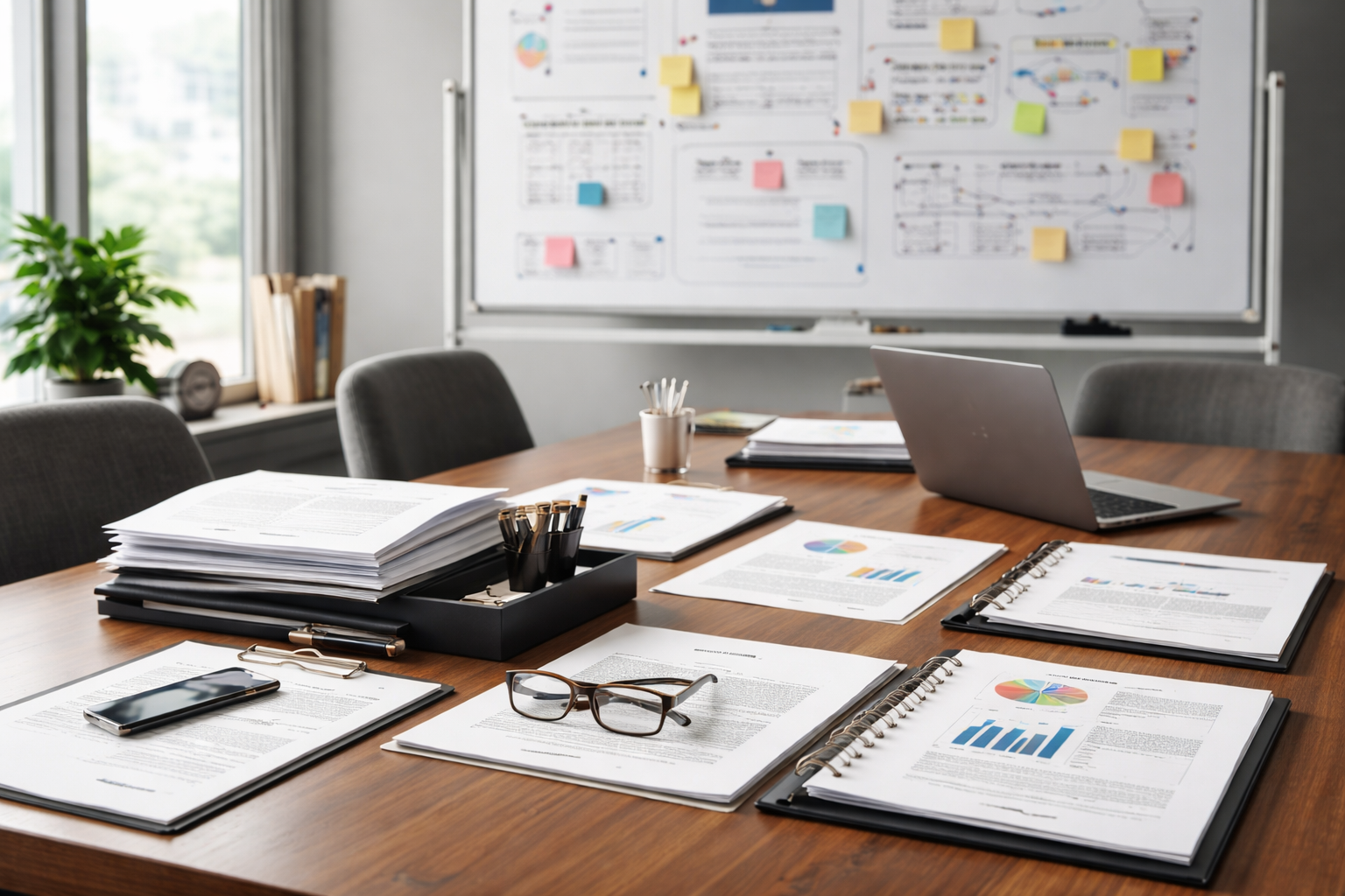 A conference room table with stacks of documents, a laptop, a pair of glasses, a smartphone, and office supplies, with a whiteboard filled with charts and notes in the background.