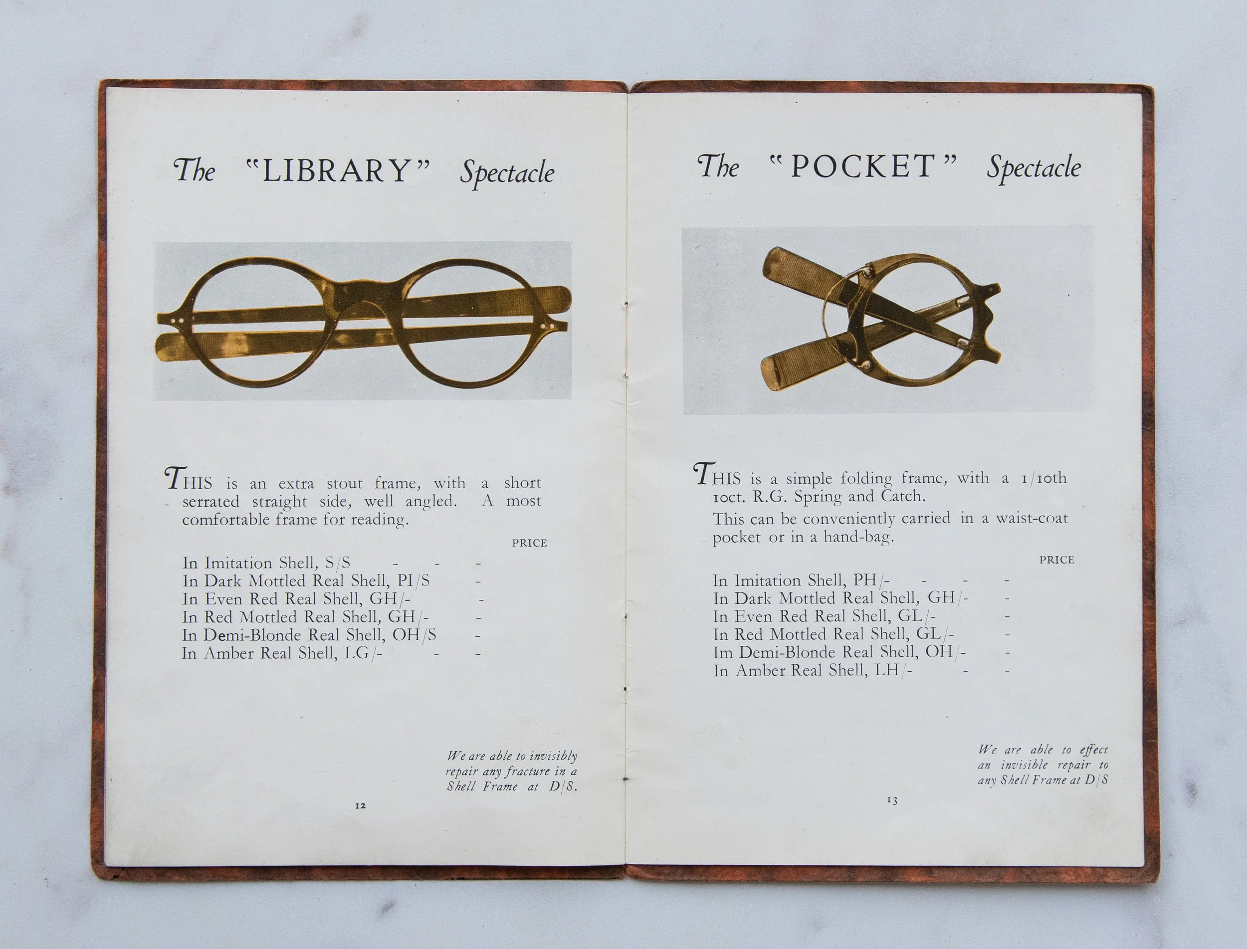 Open booklet showing two types of glasses with descriptions and prices, titled "The 'Library' Spectacle" on the left page and "The 'Pocket' Spectacle" on the right page.