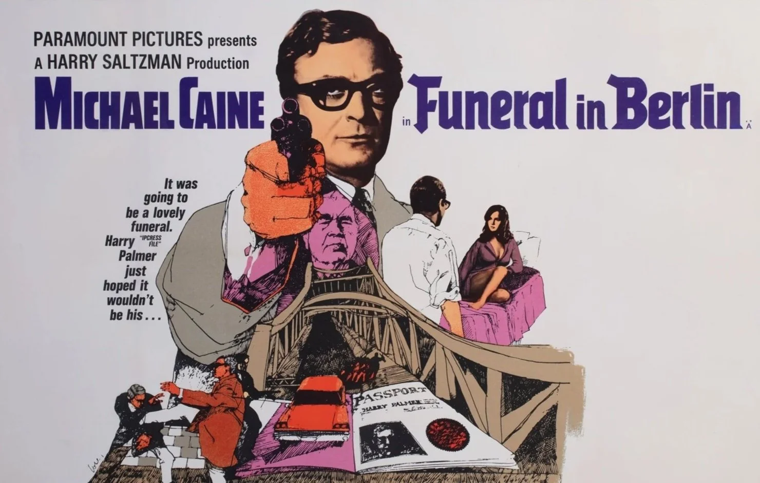 Illustration from the movie 'Funeral in Berlin' featuring Michael Caine with a gun, a woman sitting on a bed, a man and woman talking, and two people fighting on cobblestones, with a bridge and passport on a table in the foreground.