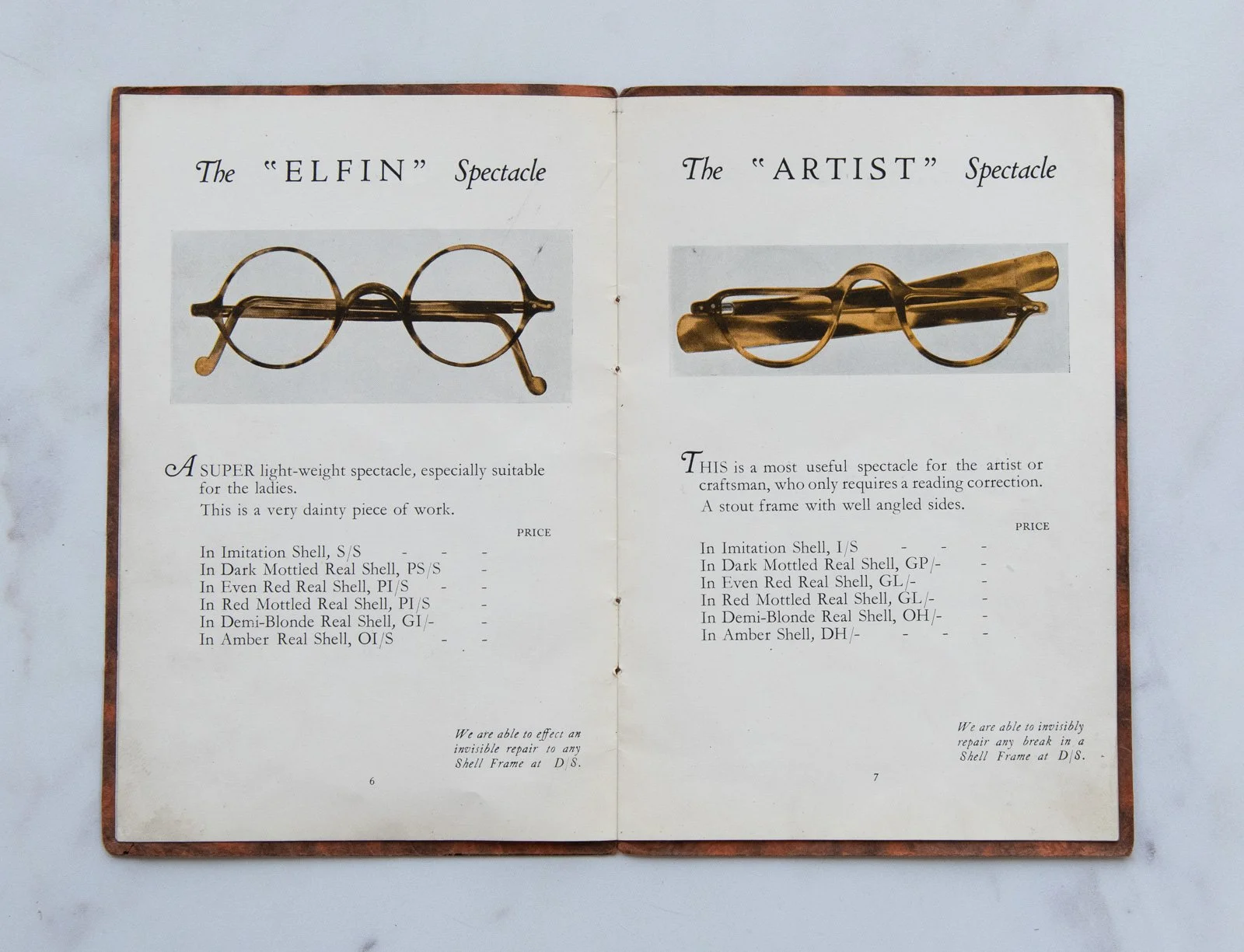 Open vintage booklet displaying two types of spectacles: the 'Elfin' spectacle on the left and the 'Artist' spectacle on the right, with descriptions and prices underneath.