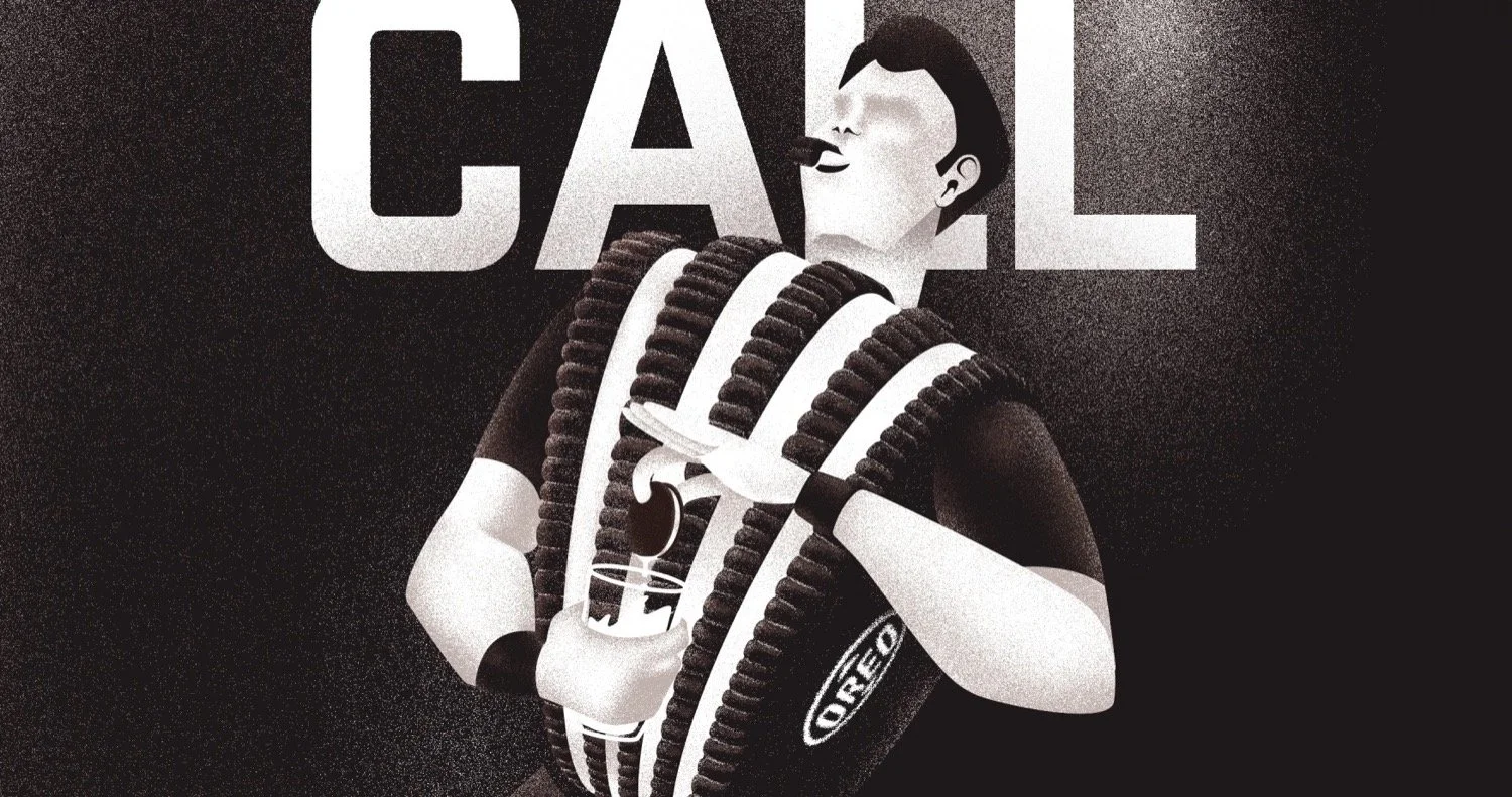Black and white drawing of a woman holding a large Oreo cookie in front of her face, with the word 'CALL' in bold white letters above.