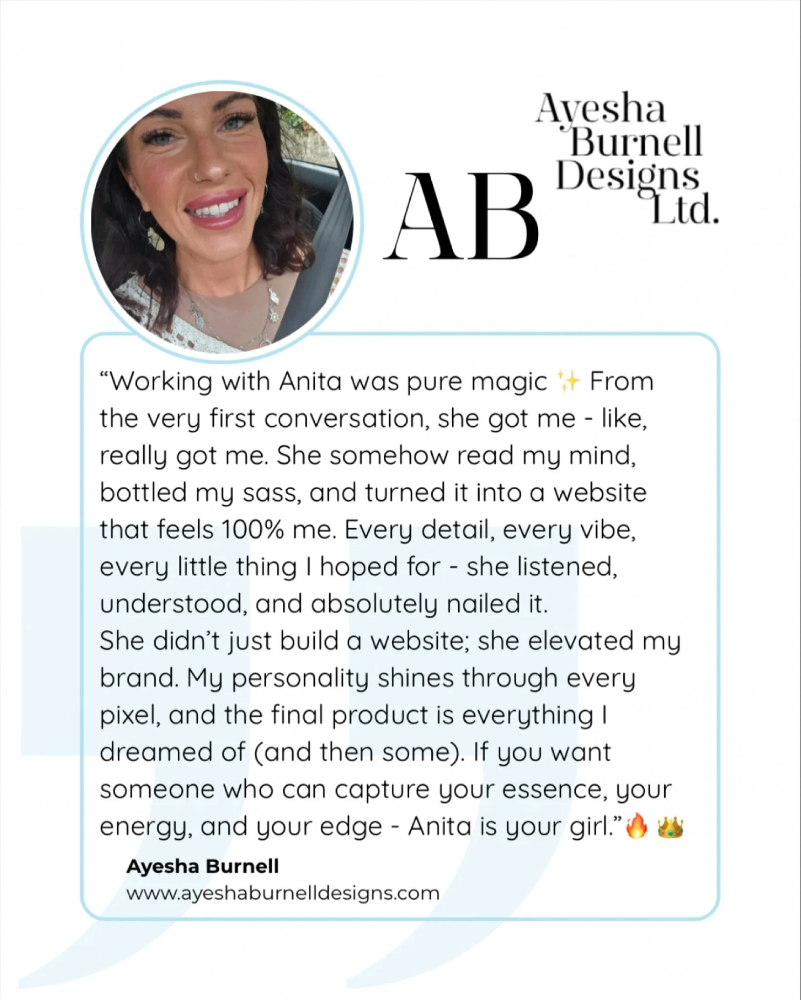 👑💖 Fresh design, stronger vibe!✨🔥

Thank you so much to @ayeshaburnelldesigns for this fabulous review! 

This was such a fun project. I had the best time bringing this website up-to-date with Ayesha&rsquo;s bold and sassy vibe, so receiving feedb