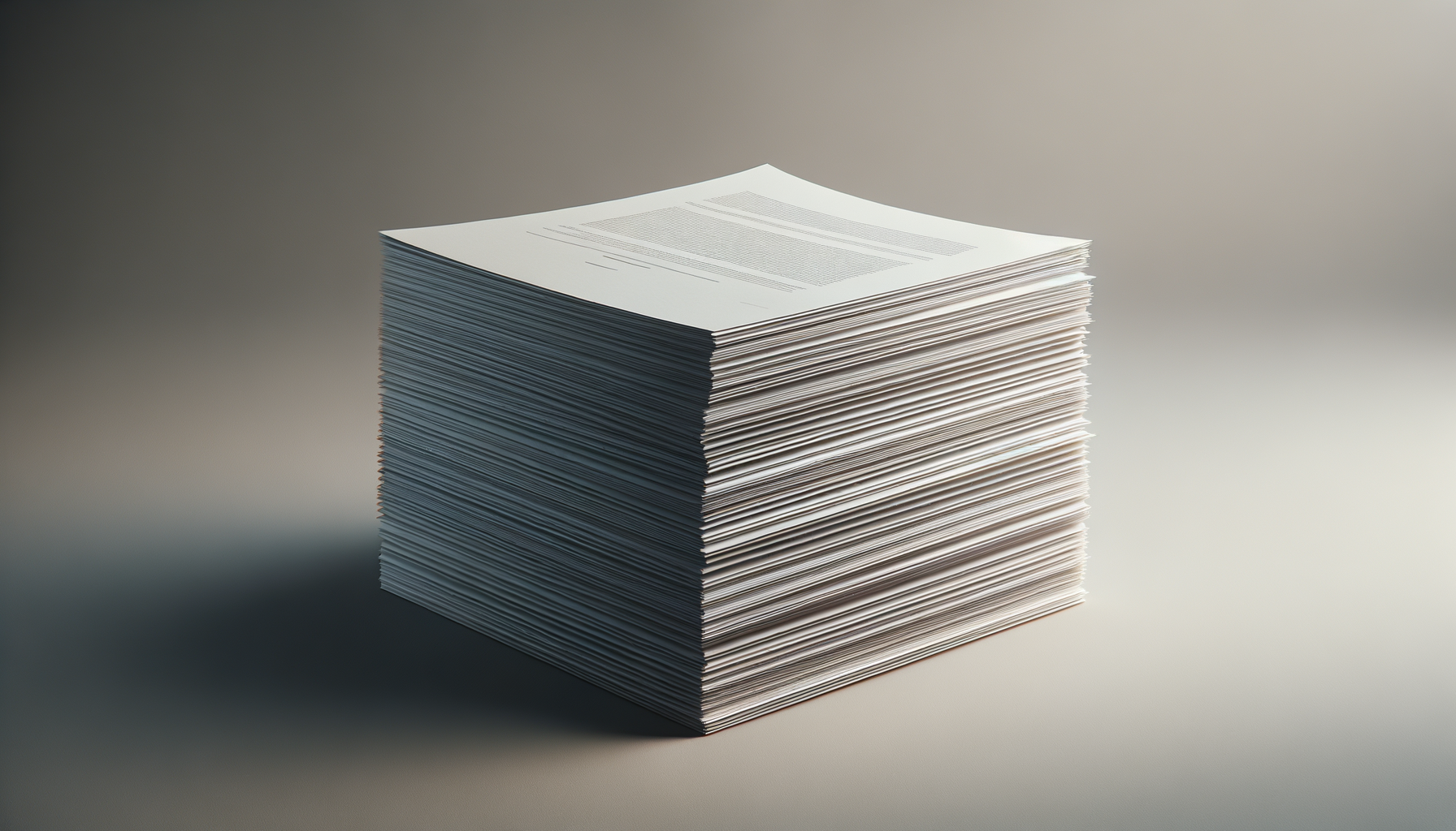 A large stack of papers on a plain surface with soft lighting.