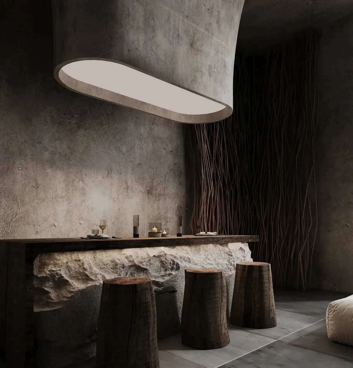 Raw yet refined, this modern rustic kitchen captures the essence of Wabi-Sabi minimalism, where imperfection becomes luxury. Sculpted stone, aged textures, and moody lighting converge beneath a monumental hood, grounding the space in elemental beauty