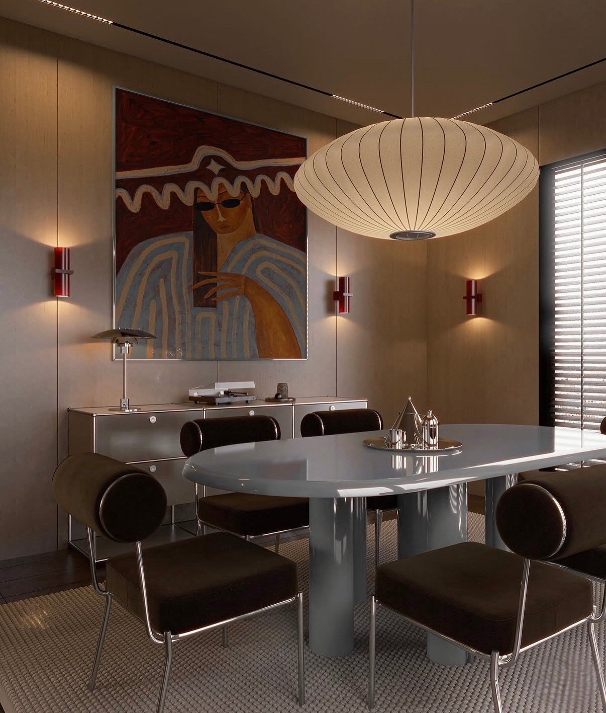 Project BAU unfolds through contrast&hellip;soft geometry set against strict lines, warmth layered into precision. At its center, a sculptural high-gloss dining table anchors the room, its curved silhouette breaking the linear rhythm of the wood-pane