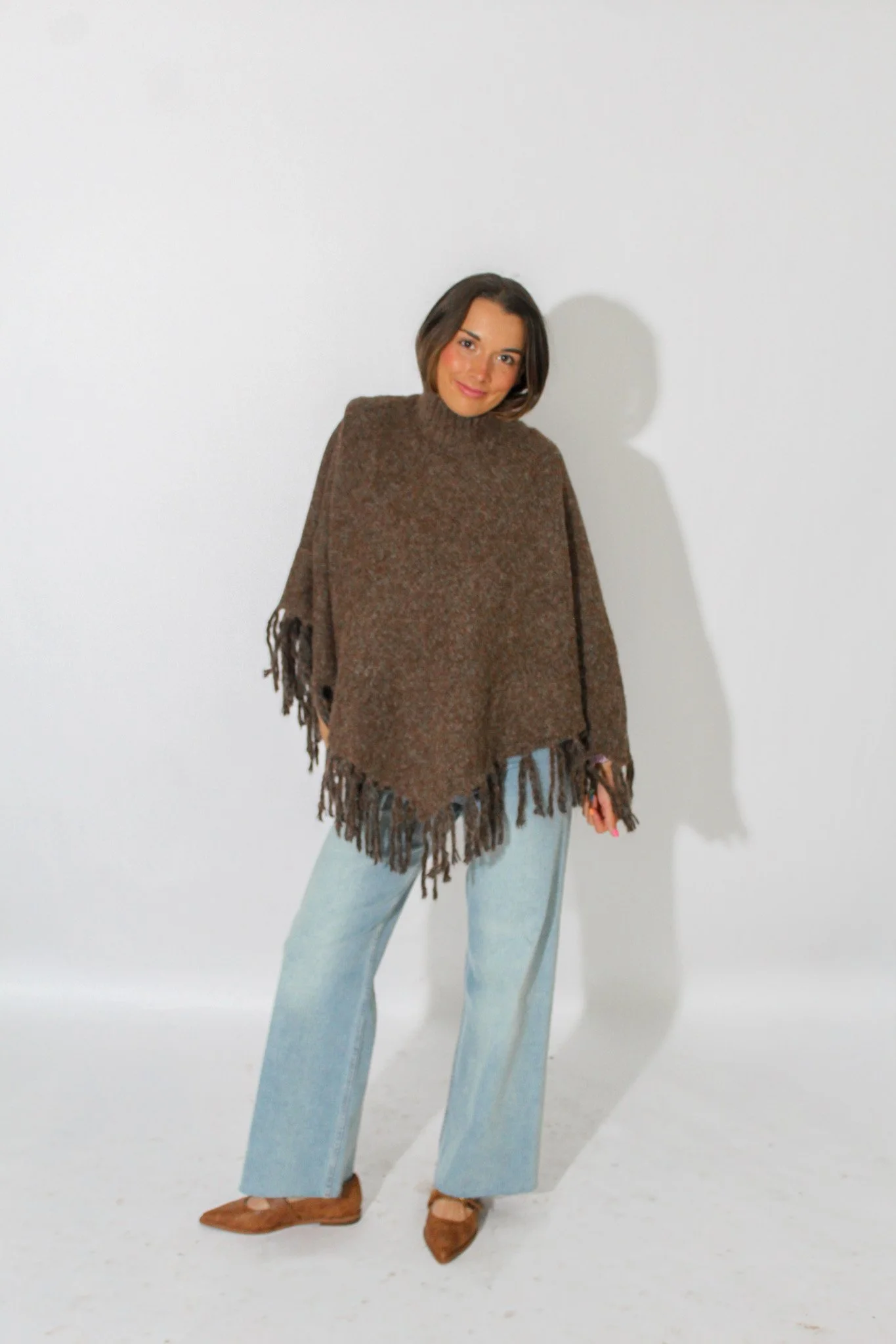 Brown Poncho Sweater with Fringe