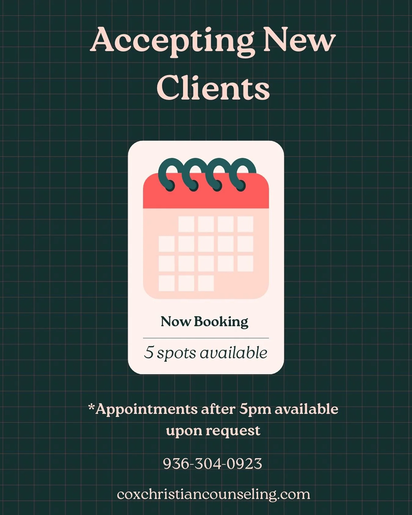 ✨Openings available, including evening sessions! 

📞 call 936-304-0923 or go to coxchristiancounseling.com to schedule today! 

Not needing counseling right now? That&rsquo;s okay! 

🔁Like &amp; share this post because someone you know might be loo