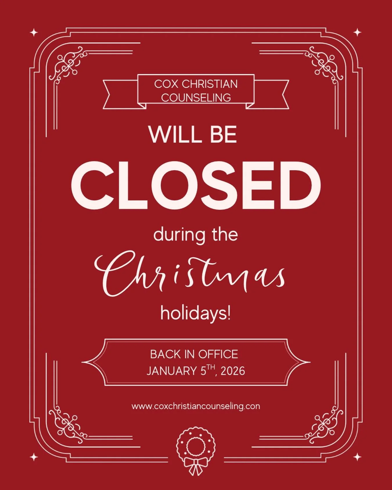 As the holidays approach and the year draws to a close, this season invites us to slow down, reflect, connect, and make space for rest. 

With that intention, Cox Christian Counseling will be closed December 24th through January 4th, 2026. 

Wishing 