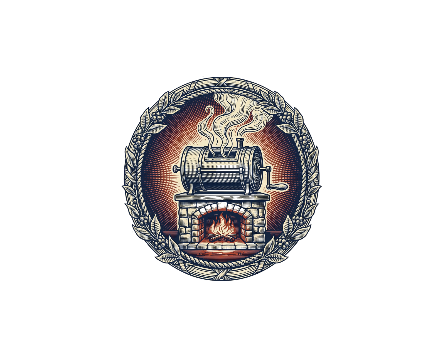Vintage-style emblem featuring a steam-powered meat grinder over a brick fireplace with a fire, surrounded by a laurel wreath.