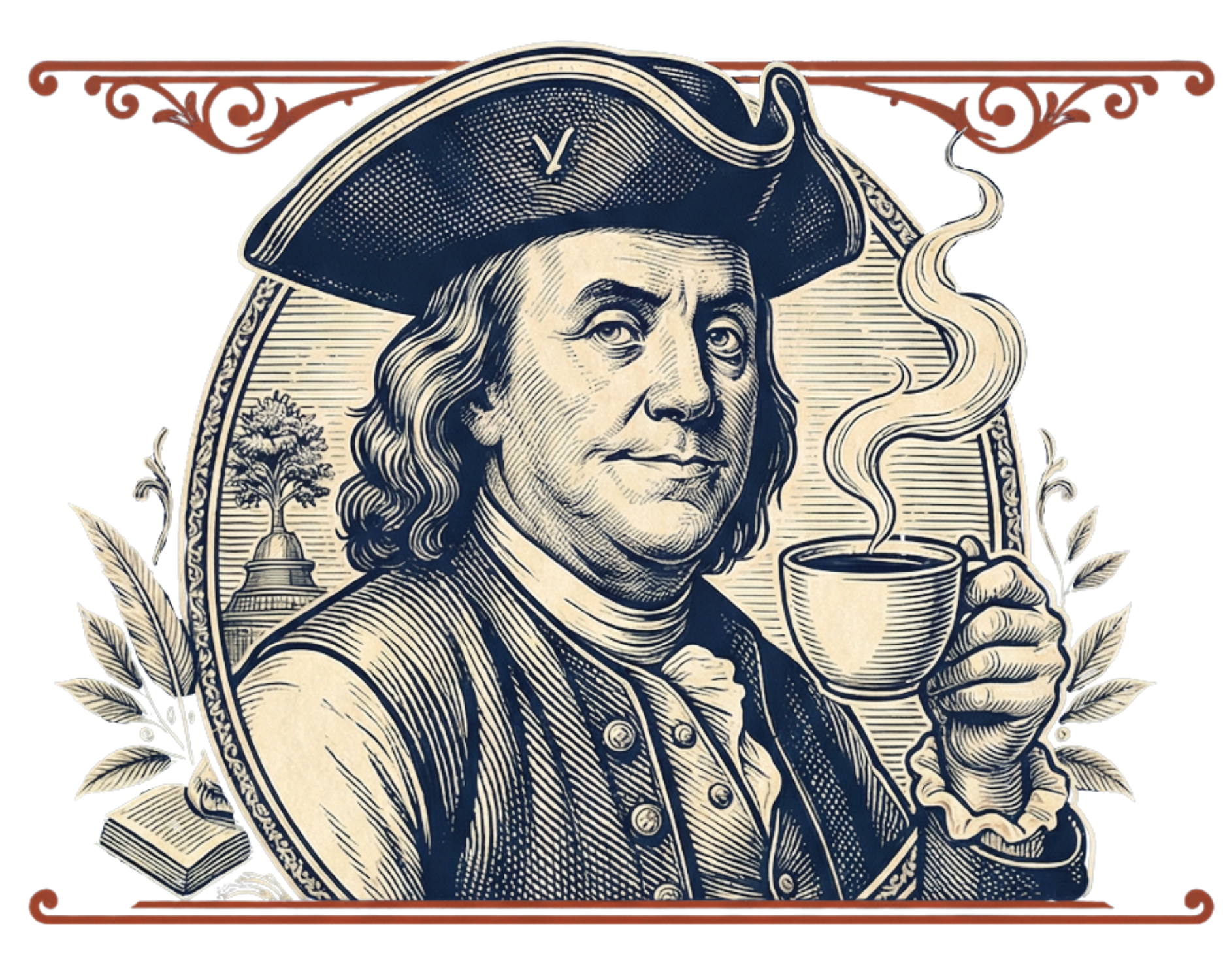 Illustration of Benjamin Franklin with a tricorner hat, holding a steaming cup, surrounded by decorative leaves and an ornate border.
