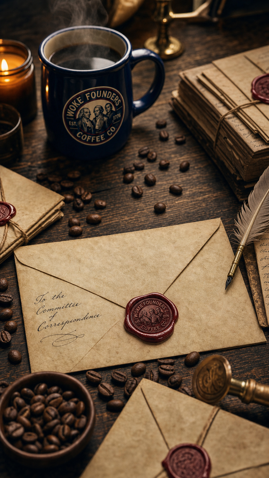 A vintage-themed desk scene with a blue coffee mug labeled 'Woke Founders Coffee Co.', an open letter with a wax seal, stacks of aged paper and envelopes, coffee beans scattered on the wooden surface, lit candles, and writing quill.