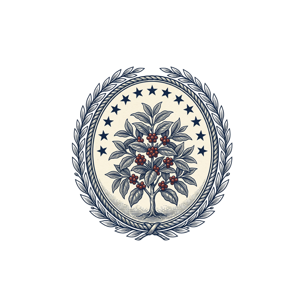 Seal with a coffee plant in the center, surrounded by stars and a laurel wreath.