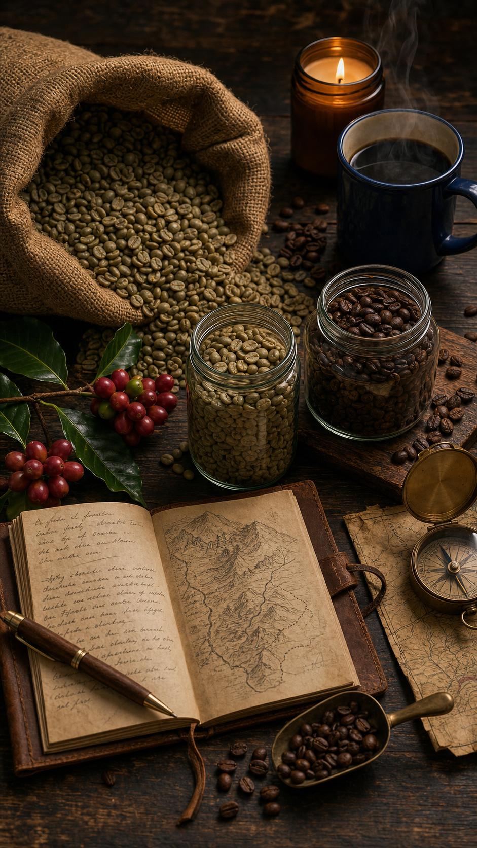 A rustic scene with green and dark roasted coffee beans in jars and a burlap sack, a steaming cup of coffee, a lit candle, an open vintage notebook with a sketch of a mountain range, a folded map, a pocket compass, and a bundle of red berries with green leaves on a wooden surface.