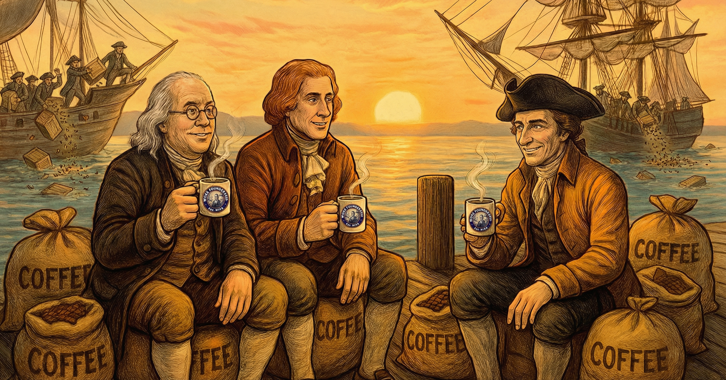 Illustration of Benjamin Franklin, Samuel Adams, and Thomas Paine sitting on sacks of coffee beans, holding coffee mugs, with a sunrise over Boston Harbor, and the Boston Tea Party in the background.