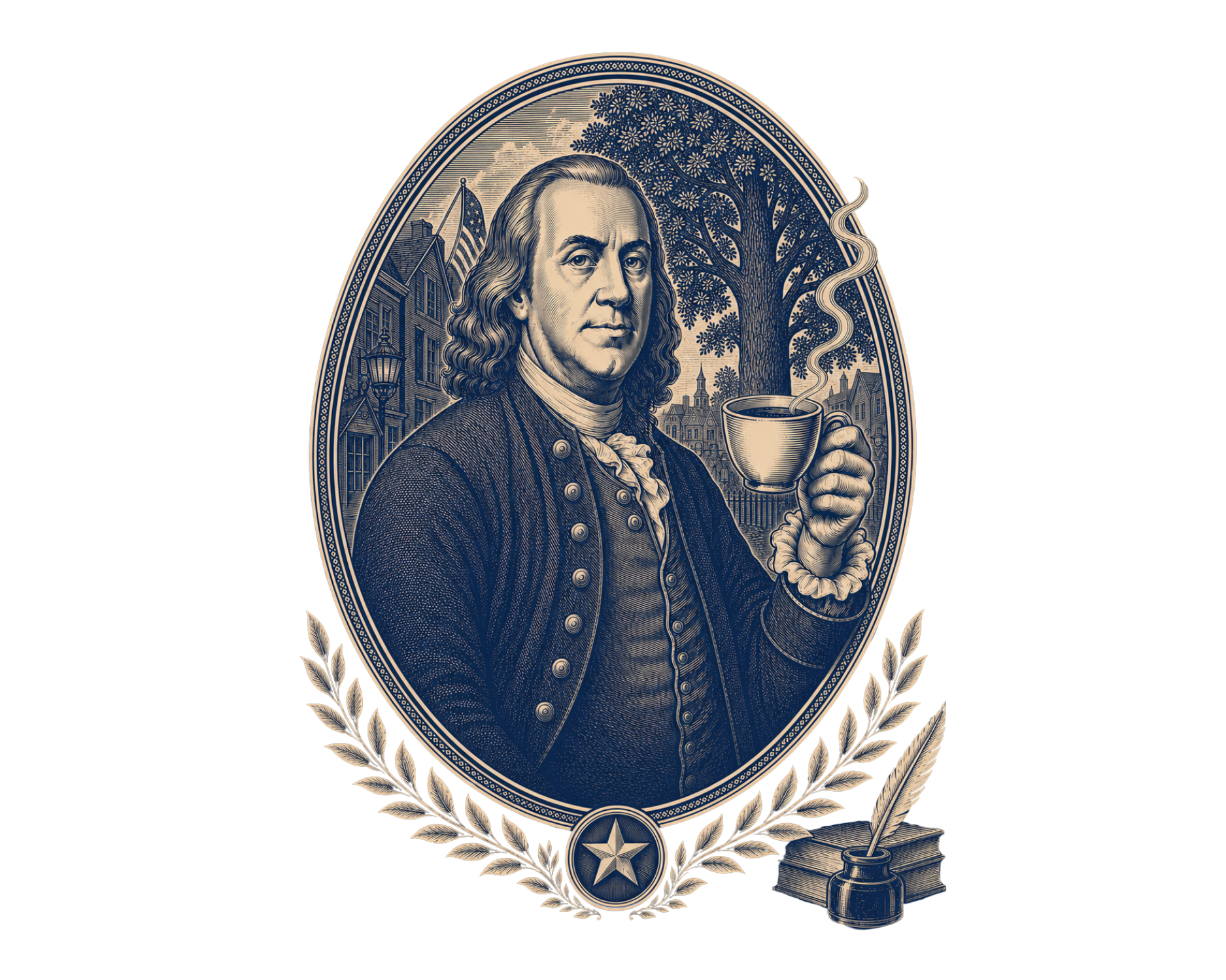A detailed illustration of Samuel Adams holding a cup of coffee, framed by a decorative oval with a star at the bottom and surrounded by a laurel wreath. The background includes a tree and a cityscape, with a book, quill, and inkwell at the bottom.