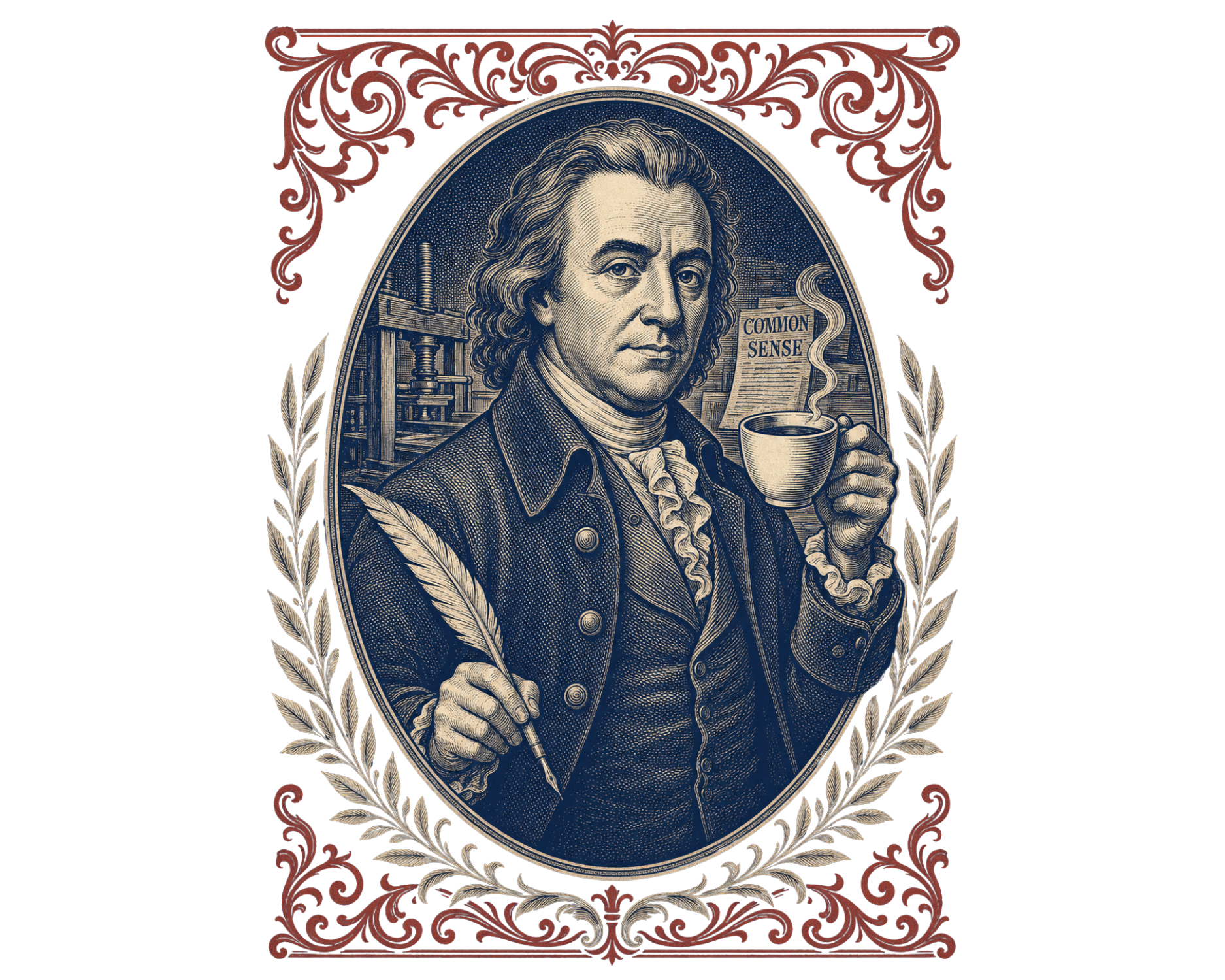 Illustration of Thomas Paine holding a hot cup of coffee in one hand and a pen in the other, surrounded by a decorative, ornate frame and laurel branches, with a background featuring scientific equipment and the words 'Common Sense' on a scroll.
