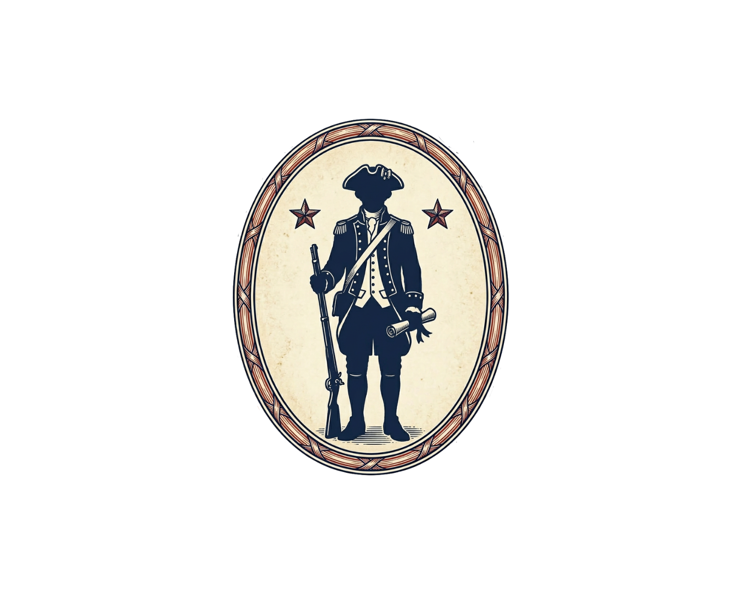 Vintage-style illustration of a colonial soldier in uniform holding a rifle, with a scroll in one hand, inside an oval frame with red stars on each side.