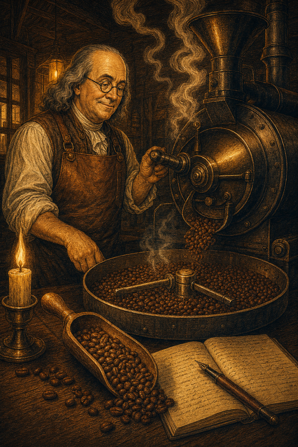 Benjamin Franklin, wearing a work apron, is operating a vintage coffee roasting machine in a dimly lit, rustic room. There is a lit candle, an open notebook with handwritten notes, and a scoop filled with coffee beans on the table.