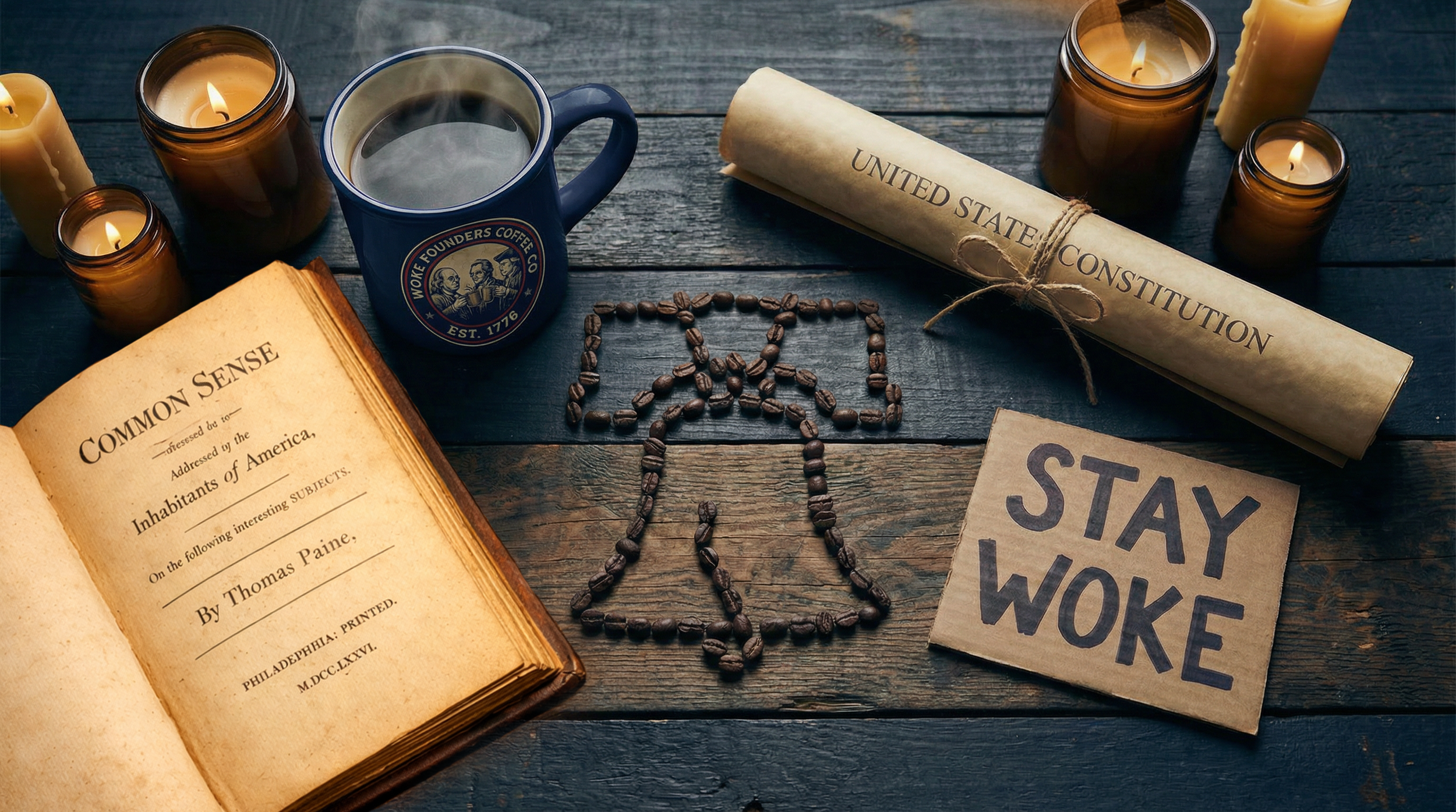 Open book titled "Common Sense," with coffee beans outlining the Liberty Bell, the US Constitution rolled in twine, candles, a coffee mug, and a protest sign with the words "Stay Woke" in black sharpie.