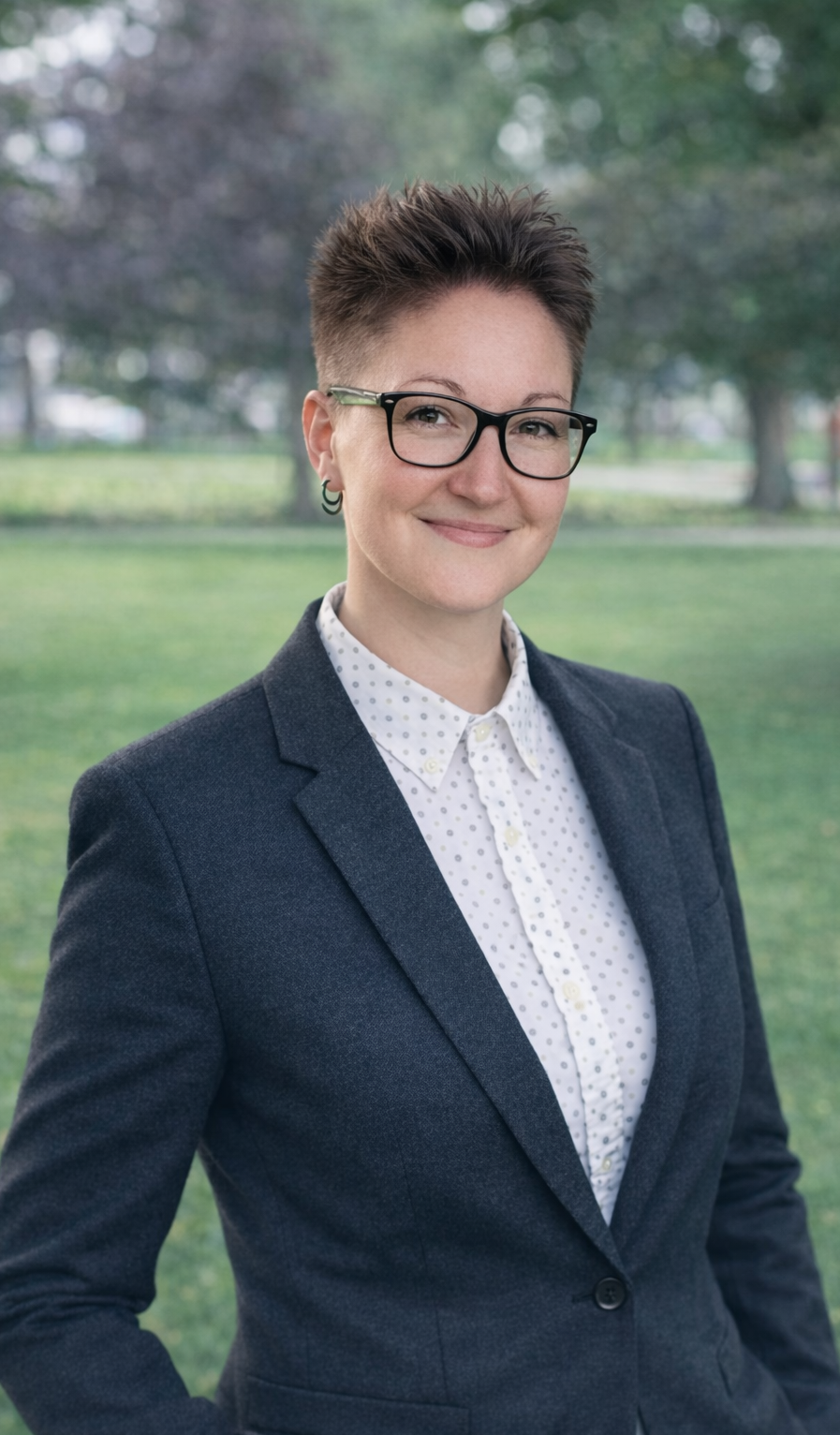Professional headshot of a person with short dark hair, black rectangular glasses, and a charcoal blazer over a white polka-dot shirt, smiling in an outdoor park setting.