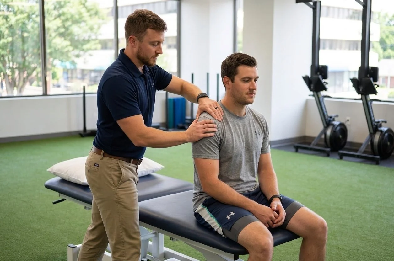 Physical therapist performing manual therapy on a patient's shoulder at a sports physical therapy clinic in Columbus, OH