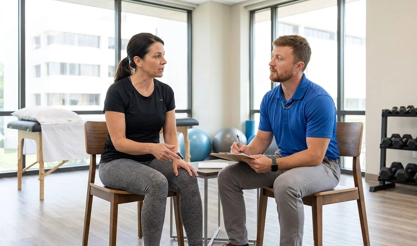 Patient discussing injury history with a physical therapist during a physical therapy evaluation in Columbus, OH