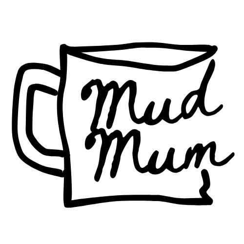 Hand-drawn mug with the words 'Mud Mum' written on it.