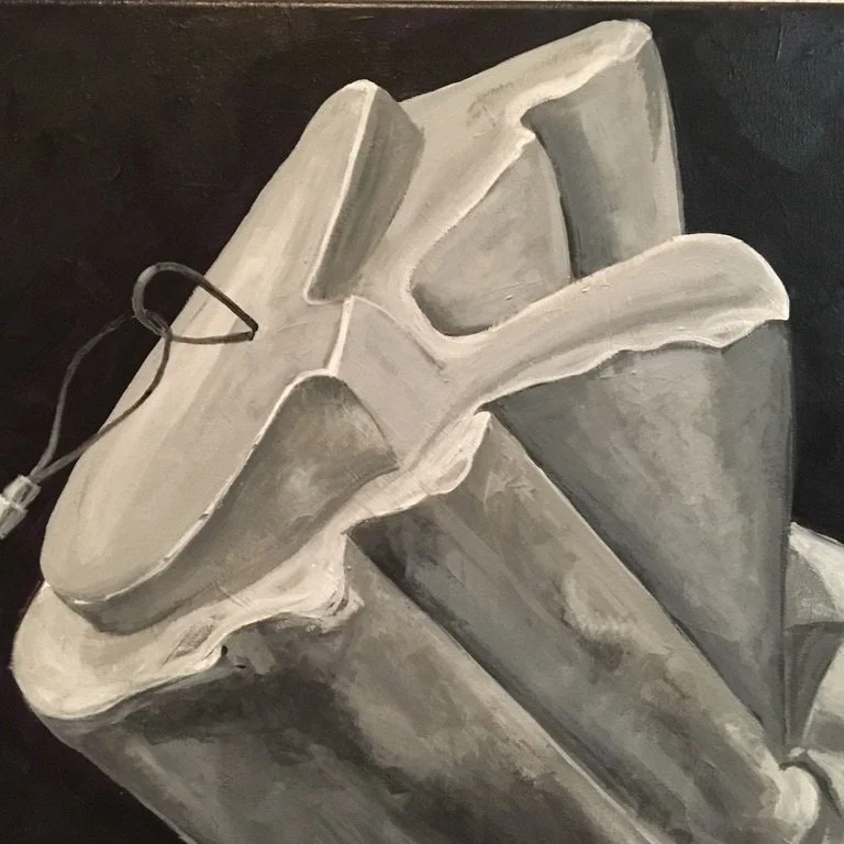 Abstract grayscale painting with geometric shapes and a wire