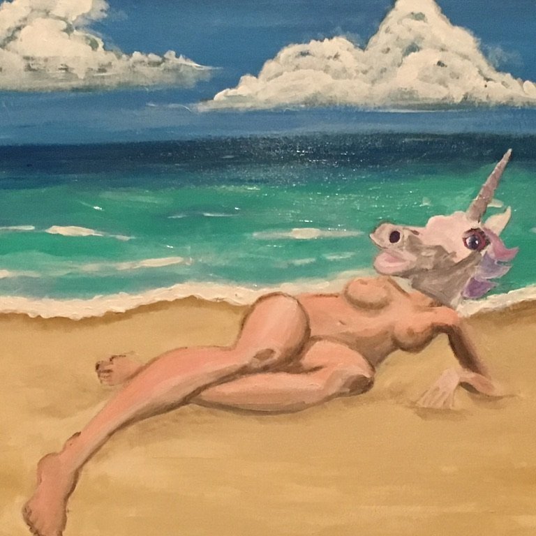 Surreal painting of a human body with a unicorn head lounging on a beach. A whimsical project from undergrad.