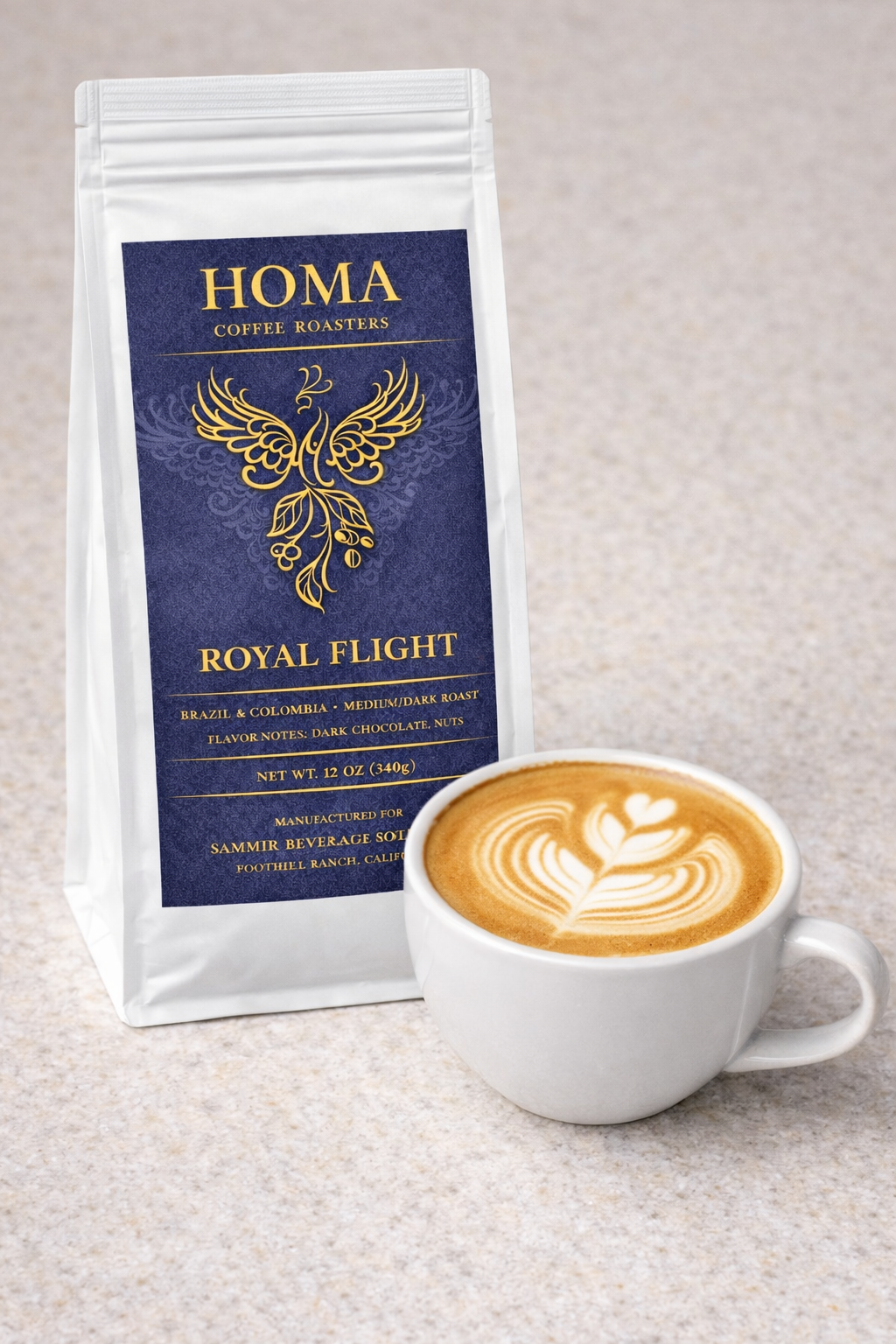 A coffee setup on a countertop with a white cup, a package of organic coffee, coffee grounds, and a coffee bean bag, with a large window and greenery in the background.