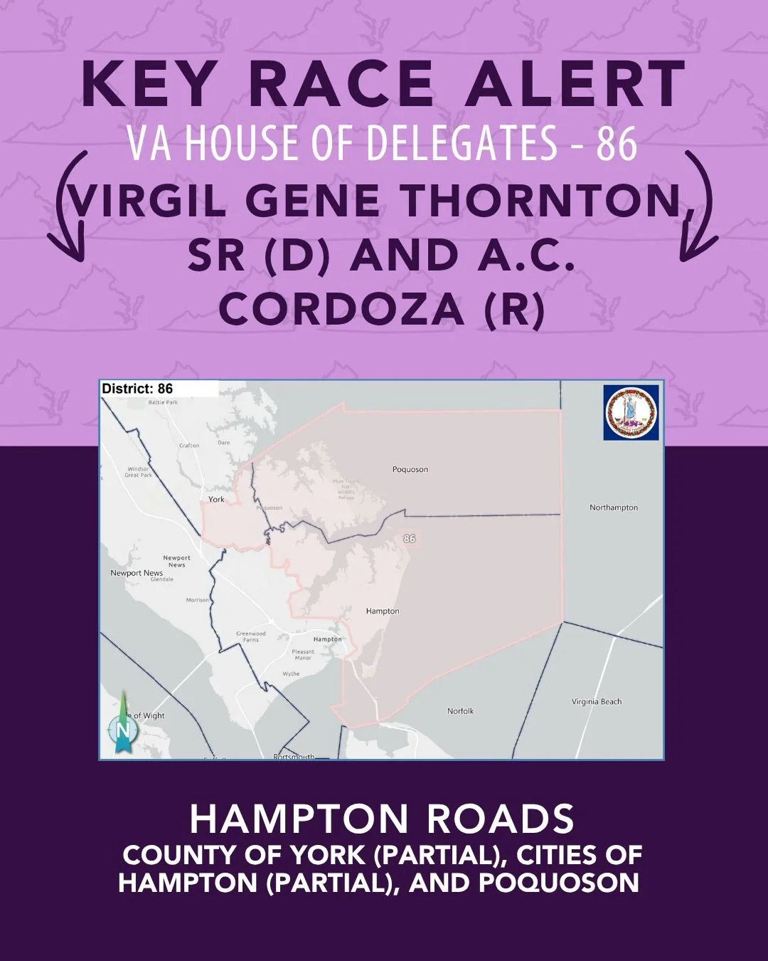 Key Race Alert! Hampton Roads- Va House of Delegates District 86 is set to be a tight race between Gene Thornton Sr. (D) and A.C. Cordoza (R). Gene Thornton Sr. is a gun sense candidate.

Hampton Roads, please vote for Gene Thornton Sr.!
