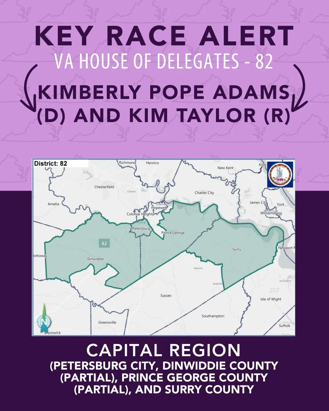 Capital Region- Va House of Delegates District 82 is set to be a tight race between Kimberly Pope Adams (D) and Gregory Kim Taylor (R). Adams is a gun sense candidate.

Capital Region, please vote for Kimberly Pope Adams!