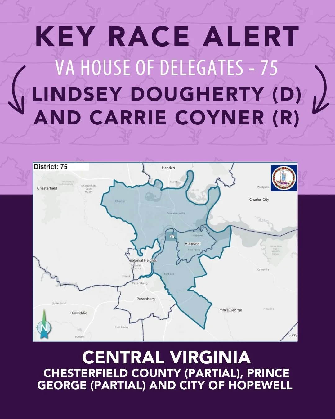 Key Race Alert! Central Virginia - Va House of Delegates District 75 is set to be a tight race between Lindsey Dougherty (D) and Carrie Coyner (R). Lindsey Dougherty is a GVP champion! District 75, please vote for Lindsey Dougherty!