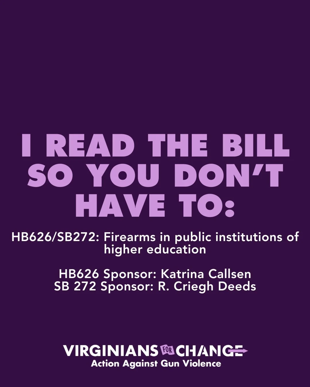 This week's featured bill we read for you is the Firearms in Public Institutions of Higher Ed. This bill would remove the exemption that currently allows firearms in buildings on public college campuses. Thank you to Delegate Katrina Callsen and Sena