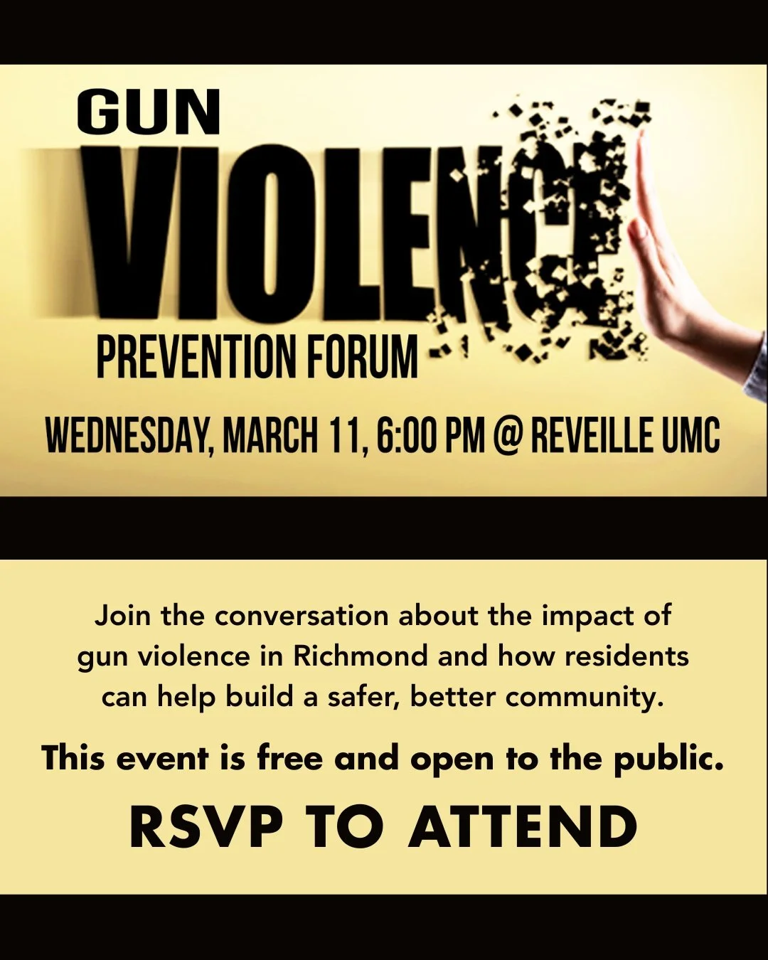 Attention Richmonders- community event opportunity! Reveille United Methodist Church is hosting a free forum on g*n vi0lence prevention on March 11th at 6pm. Save the date!