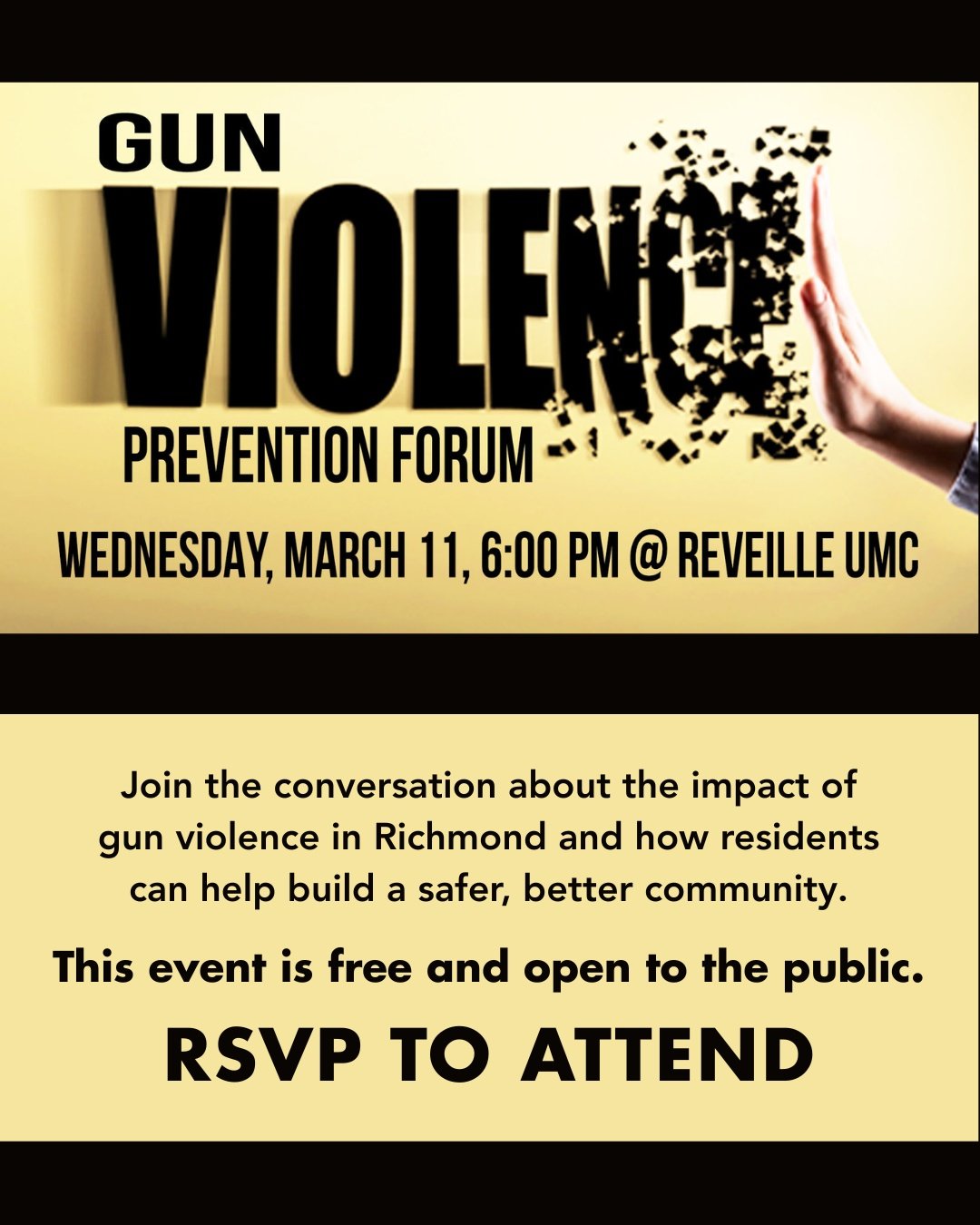 Attention Richmonders- community event opportunity! Reveille United Methodist Church is hosting a free forum on g*n vi0lence prevention on March 11th at 6pm. Save the date!