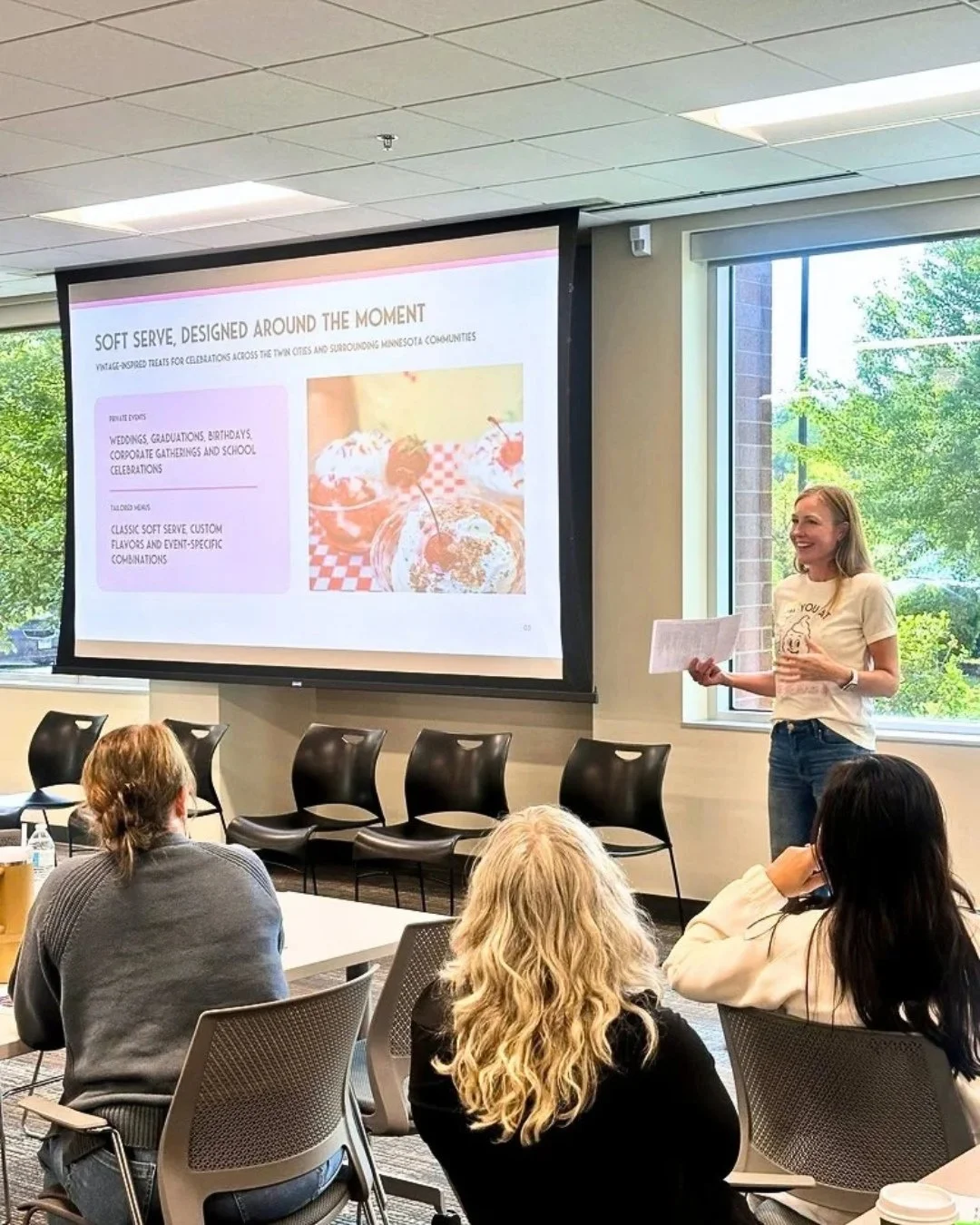 Got to stand up in front of a room at @womenventuretwincities recently and talk about how The Sota Fountain started, leaving my corporate job, and what that leap was like.⁠
⁠
And you bet we served up some soft serve too! 🍦⁠
⁠
If you're in that spot 