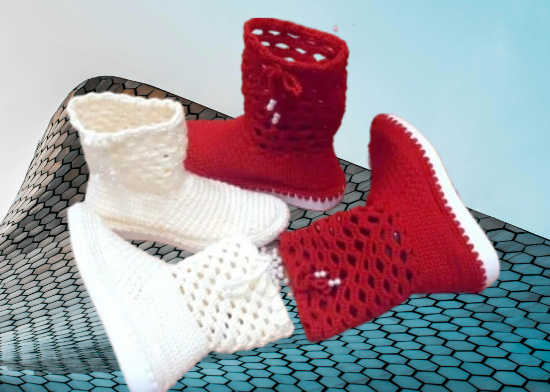 Collection of handmade knitted socks in red and white colors, displayed on a hexagonal patterned surface against a neutral background.