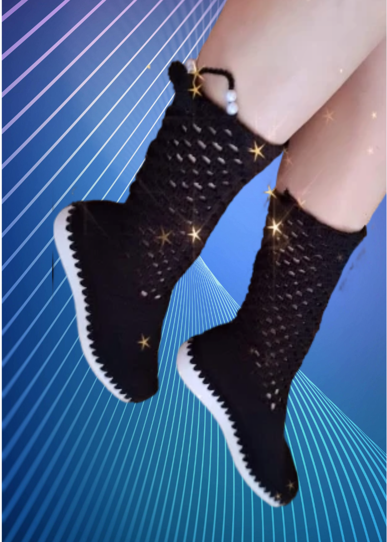 Person wearing black mesh socks with white soles, standing against a digital blue line background with star-like sparkles.