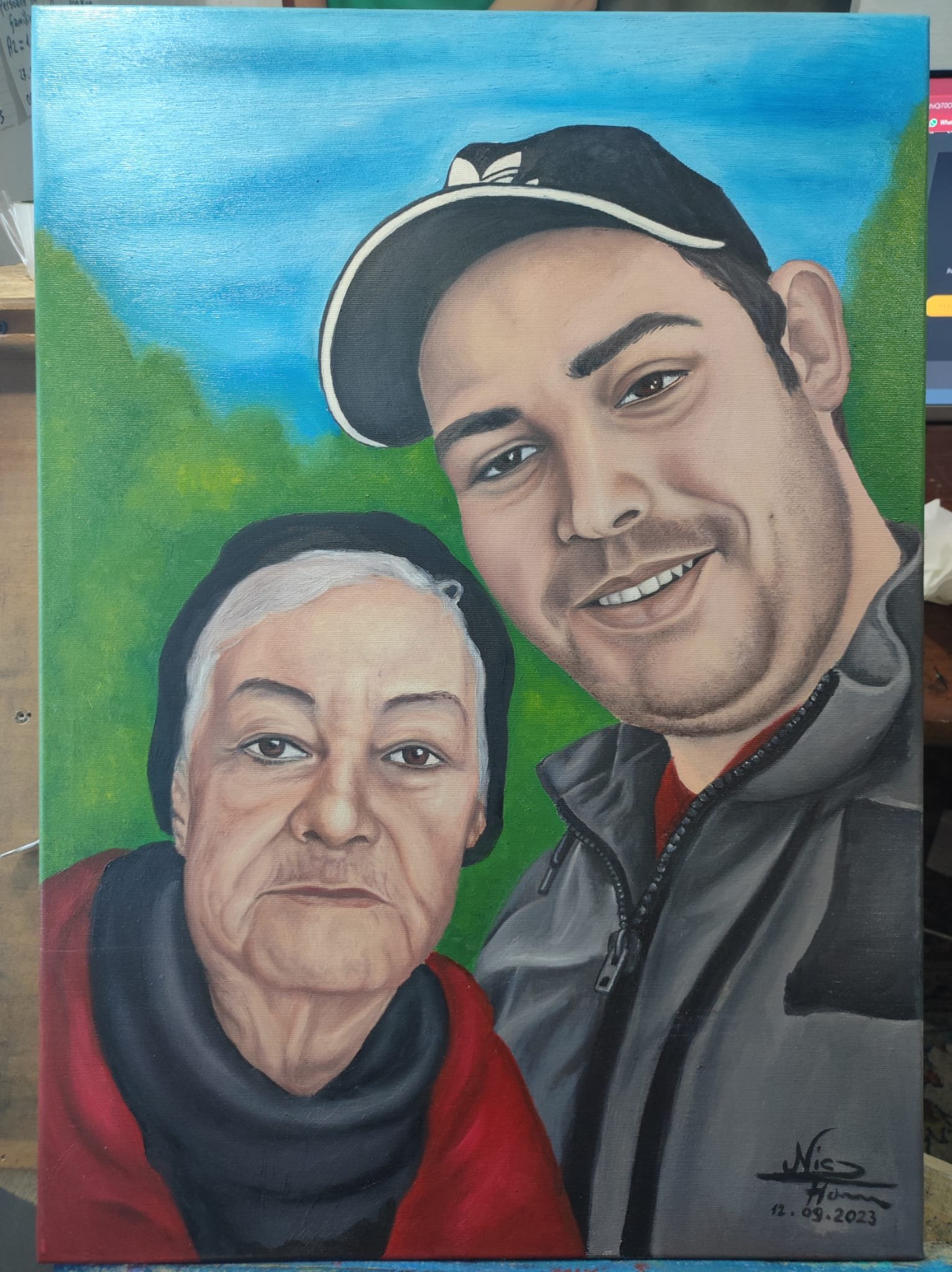 Portrait painting of an older person and a younger person smiling, set against a blue sky background with greenery. The older person is wearing a black hat and red outfit, and the younger person is wearing a cap and zip-up jacket.