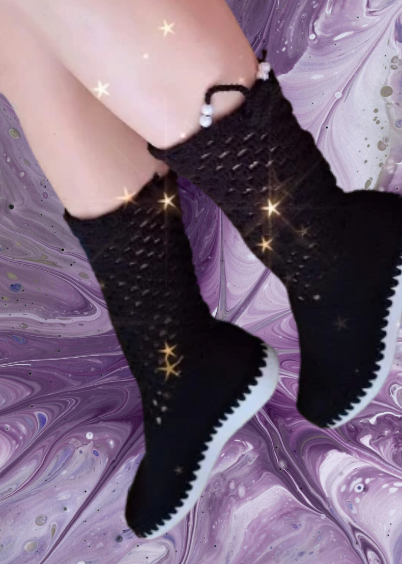 A person's legs wearing black knit ankle socks, with a marbled purple background and star-shaped sparkles overlay.