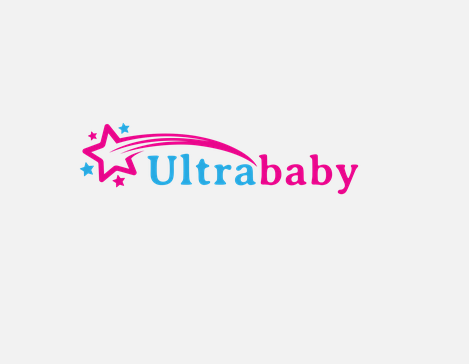 Ultrababy logo with a pink star shooting a trail of stars in pink and blue.
