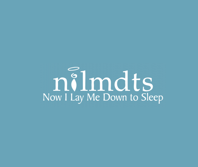 Graphic with light blue background and white text reading 'nilmdts Now I Lay Me Down to Sleep' with a small halo above the letter 'i'.
