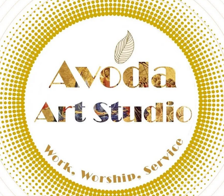 Logo for Avoda Art Studio with gold dotted border, featuring the studio name and a leaf graphic, and the phrase "Work. Worship. Service."