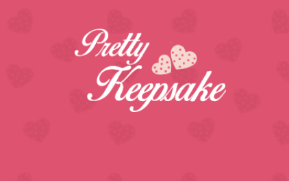 Pink background with small heart patterns and the words "Pretty Keepsake" in cursive font, accompanied by two decorated hearts.