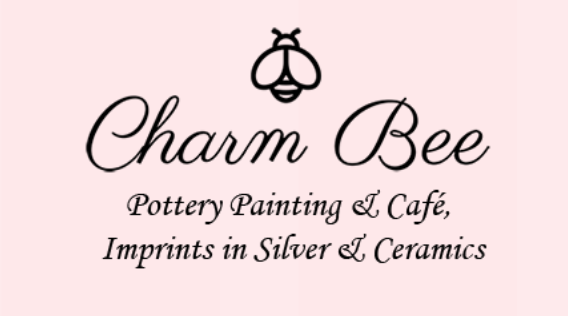 Logo for Charm Bee, a pottery painting and cafe shop, featuring a simple bee illustration and elegant script text
