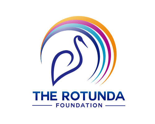 Logo of The Rotunda Foundation featuring a stylized swan and colorful rainbow arcs.