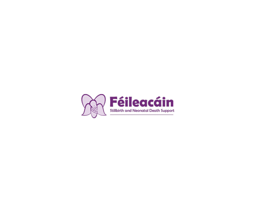 Logo for Féileacáin, an organization providing stillbirth and neonatal death support, featuring a purple angel illustration and purple text.