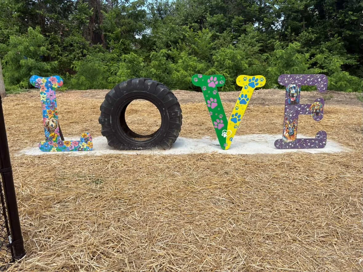Colorful decorative letters spelling "LOVE" with the letter "O" replaced by a large black tire, set on straw in front of green trees.