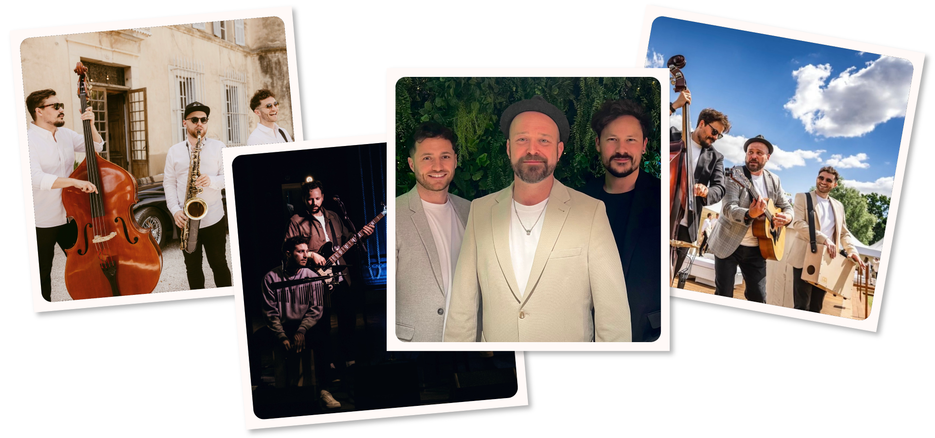 A collage of four different photos, including musicians playing at events, weddings and the AMEX Lounge in the O2 Arena and band members posing for a photo.